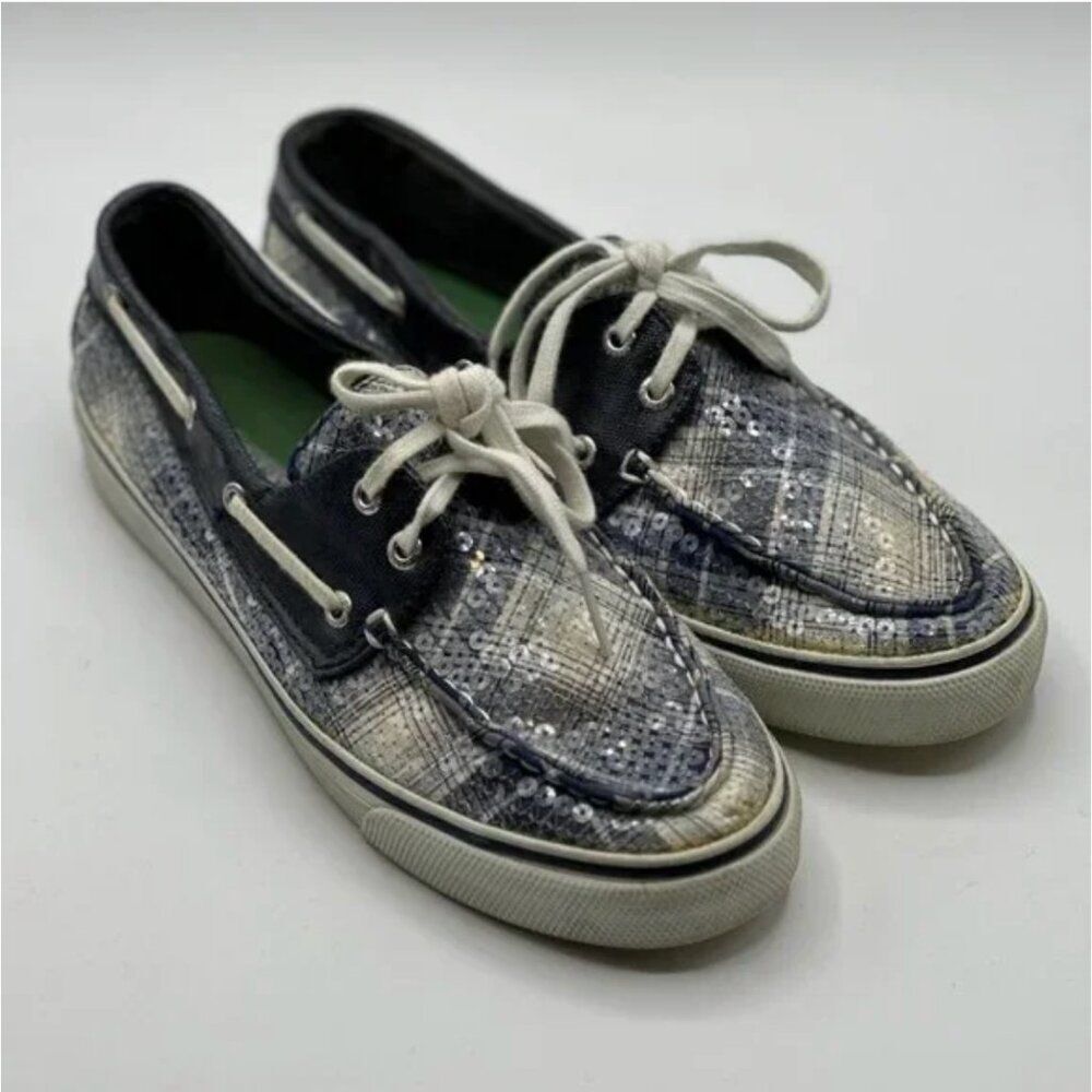 Sperry Plaid Sequin Boat Shoes 2 Eyelet Loaf Blue White Loafers Women's Size 8